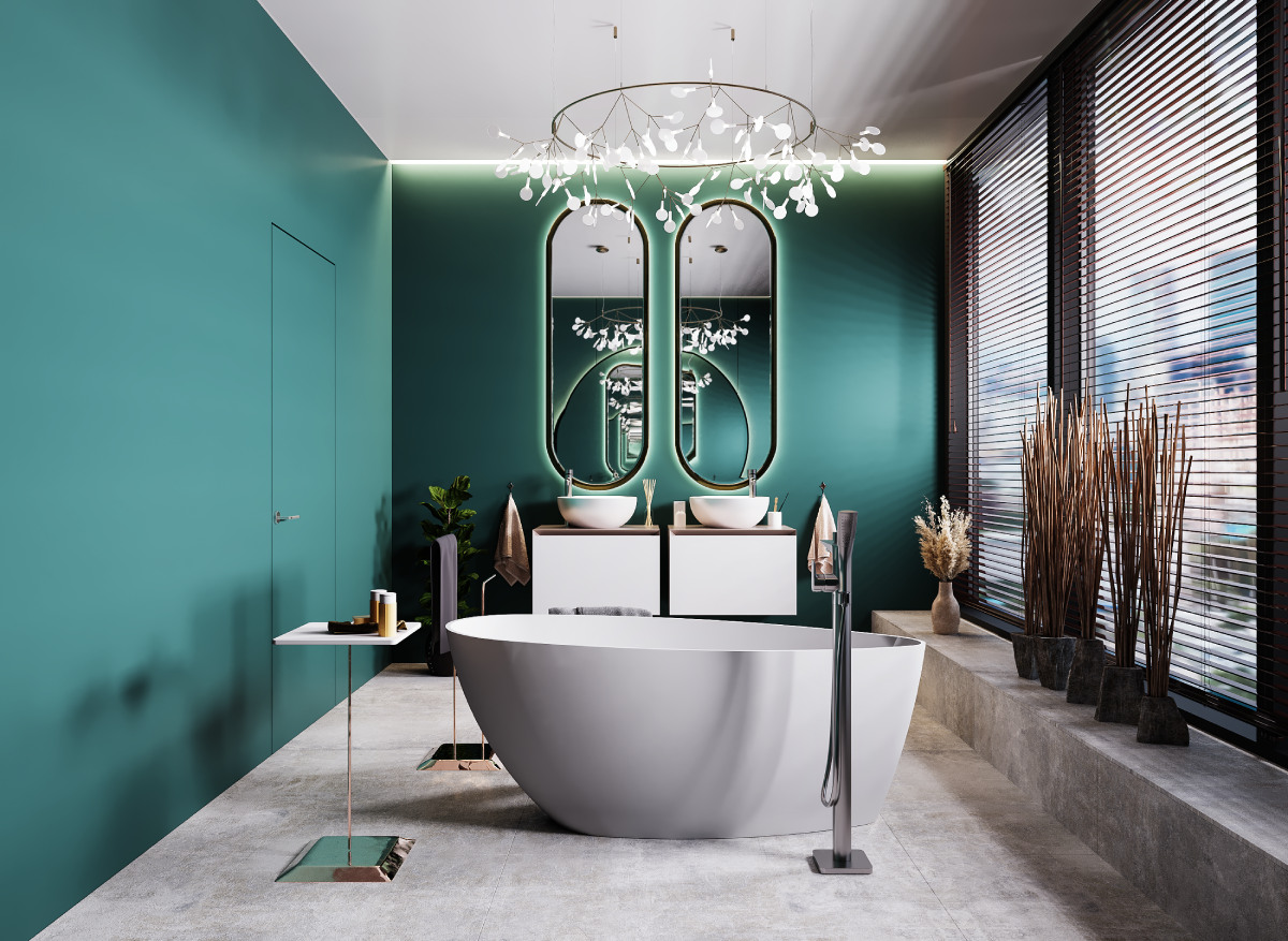 Modna łazienka w wyrazistych kolorach z wanną wolnostojącą IÖ.